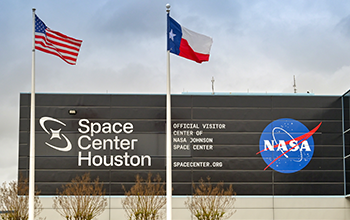 Front exterior view of the NASA Johnson Space Center in Houston